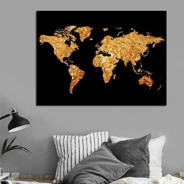 Tableau déco carte du monde noir et or