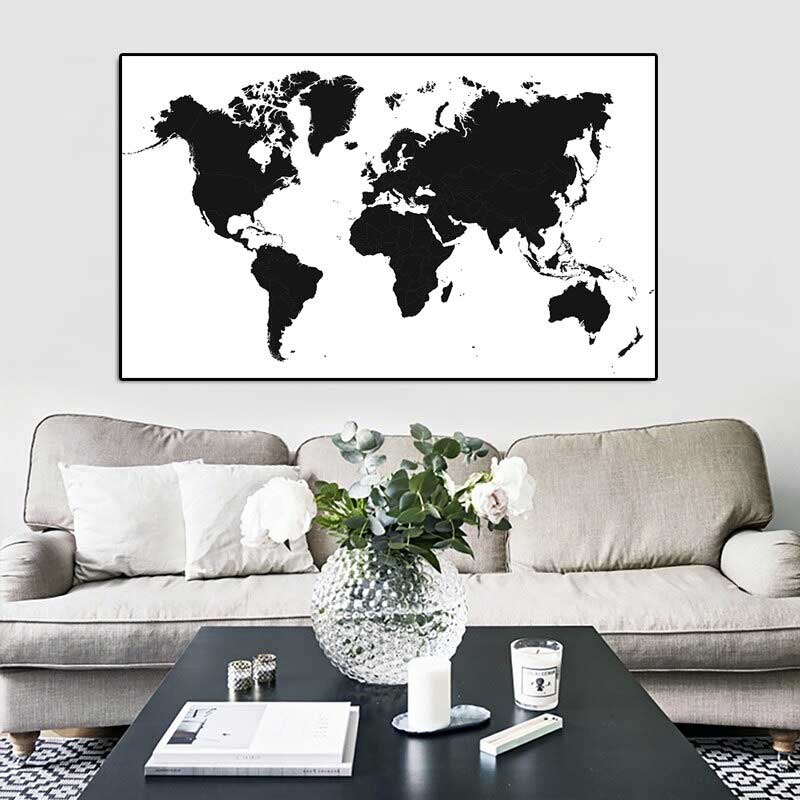 Tableau carte du monde Noir et blanc Design : décoration chambre