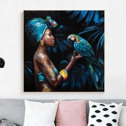 Tableau femme africaine et perroquet