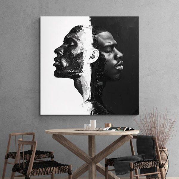 Tableau abstrait visages homme noirs mur gris