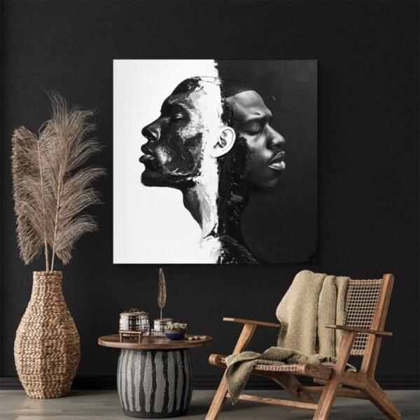 Tableau abstrait visages homme noirs mur sombre