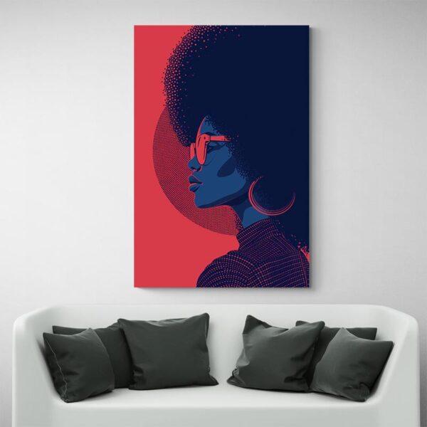 Tableau femme afro bleu et rouge canape blanc