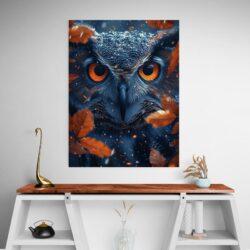 Tableau hibou yeux oranges mur blanc