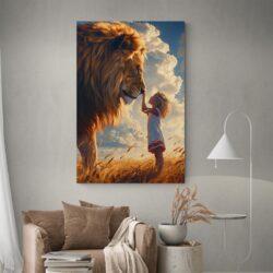 Tableau lion et petite fille decoration