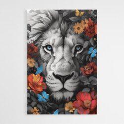 Tableau lion monochrome et fleurs