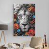 Tableau lion monochrome et fleurs decoration moderne