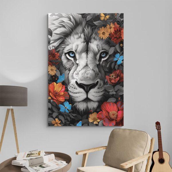 Tableau lion monochrome et fleurs decoration moderne