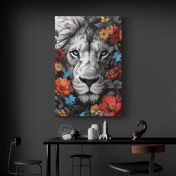 Tableau lion monochrome et fleurs salon noir