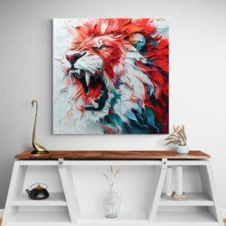 Tableau lion rouge et blanc meuble blanc