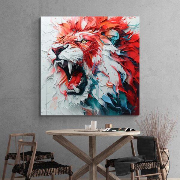 Tableau lion rouge et blanc mur gris