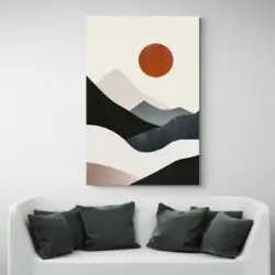 Tableau minimaliste soleil rouge canape blanc