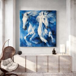 Tableau peinture chevaux bleus meuble bois