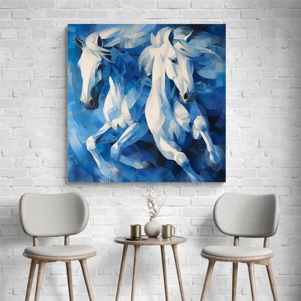 Tableau peinture chevaux bleus salon et chaises