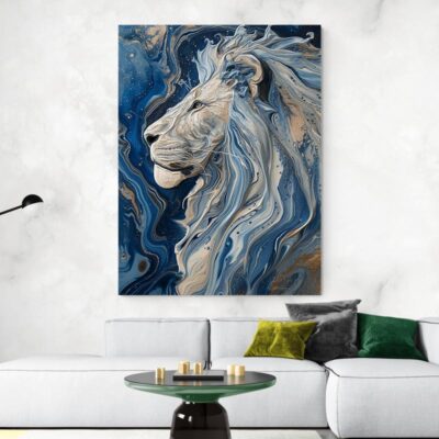 Tableau peinture lion bleu deco moderne blanc