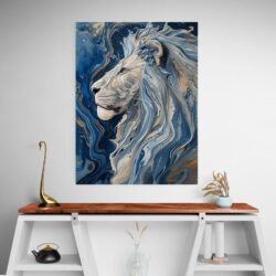 Tableau peinture lion bleu mur blanc