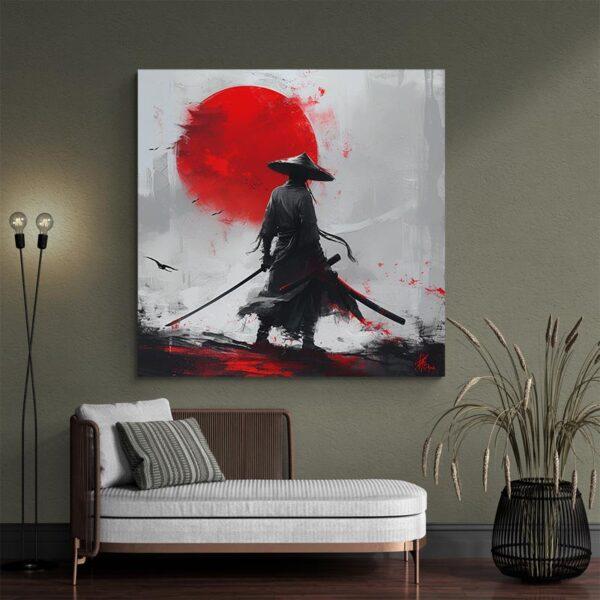 Tableau peinture samourai rouge canape