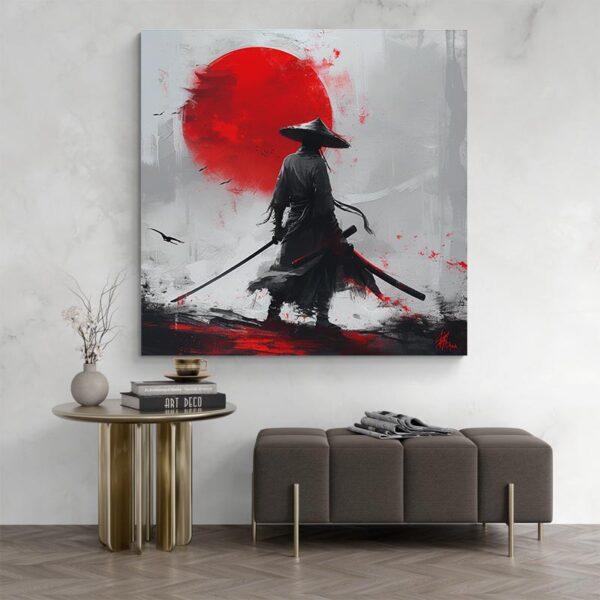 Tableau peinture samourai rouge salon moderne