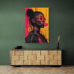 Tableau street art femme noire avec chewing gum mur vert