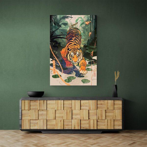 Tableau tigre jungle chinoise mur vert