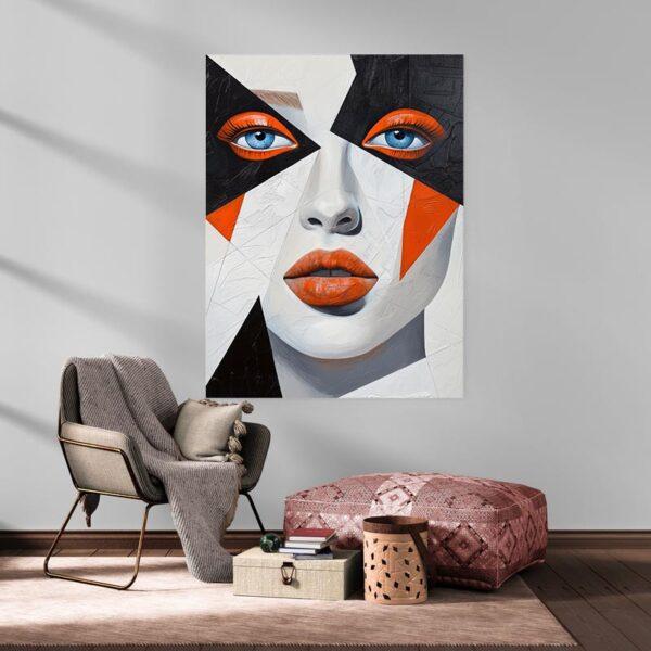 Tableau visage abstrait orange et noir deco cozy