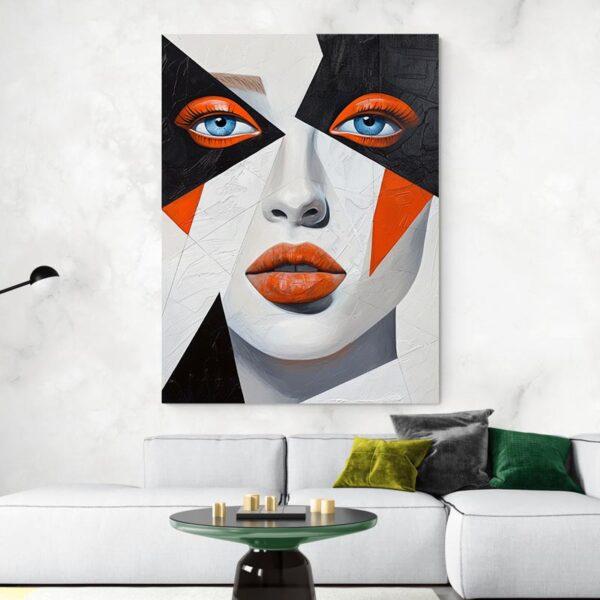 Tableau visage abstrait orange et noir deco moderne blanc