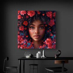 Tableau visage femme fleurs rouges mur noir