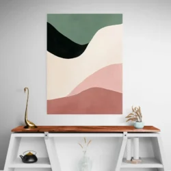 tableau abstrait minimaliste noir rose et beige mur blanc