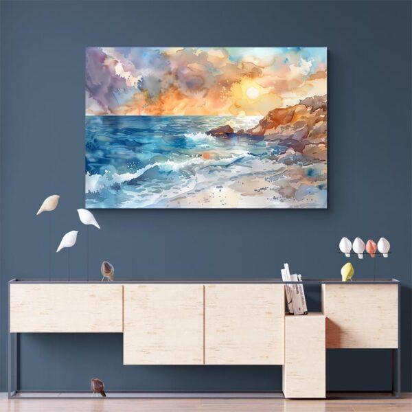 tableau aquarelle bord de mer mur bleu