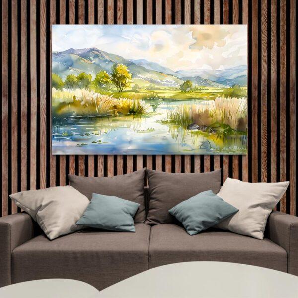 tableau aquarelle paysage mur bois