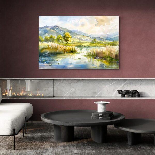 tableau aquarelle paysage mur rouge