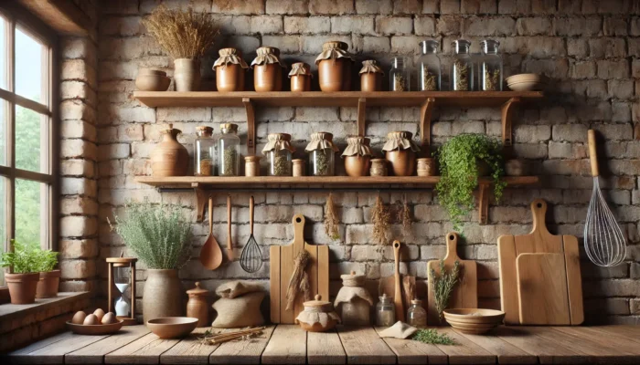 Cuisine rustique avec des étagères en bois, des pots en céramique, et des herbes séchées sur un mur en briques.