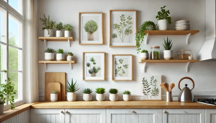 Cuisine scandinave avec des étagères minimalistes, des succulentes en pot, et des cadres botaniques Cuisine scandinave avec des étagères minimalistes, des succulentes en pot, et des cadres botaniques