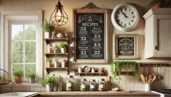 Mur de cuisine style maison de campagne avec un tableau noir, des étagères rustiques, et des bocaux en verre