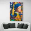 Tableau Fille perle Street Art canape blanc 1.webp