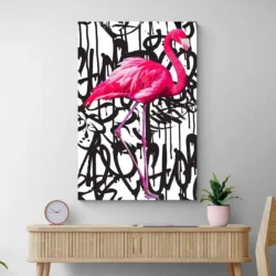 Tableau avec flamant rose salon bois