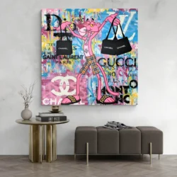 Tableau panthere rose luxe mur gris