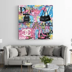 Tableau panthere rose luxe salon blanc