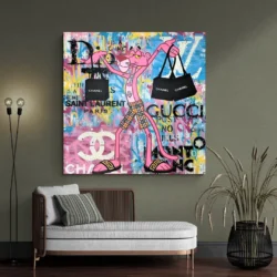 Tableau panthere rose luxe salon vert