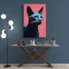 tableau chat rose mur bleu.webp