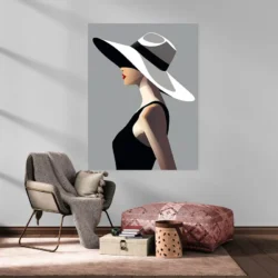 Tableau minimaliste femme a chapeau portrait 3 4 3.webp