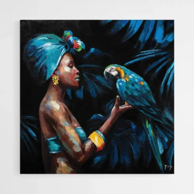 Tableau déco Femme africaine et perroquet, portrait ethnique coloré