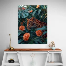 tableau leopard et fleurs portrait 3 4 3.webp
