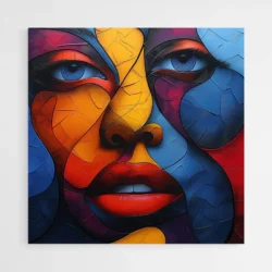 tableau visage abstrait bleu et jaune 1.webp