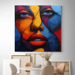 tableau visage abstrait bleu et jaune carre 3.webp