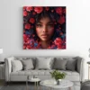 tableau visage femme fleurs rouges carre 2.webp