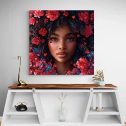 tableau visage femme fleurs rouges carre 3.webp