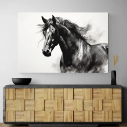 tableau peinture cheval noir et blanc paysage 3 2 2.webp