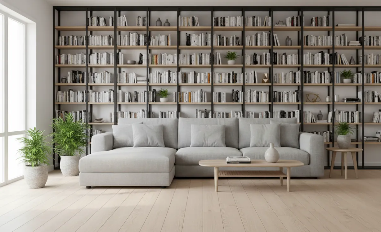 Comment décorer un grand mur de salon livres etagere