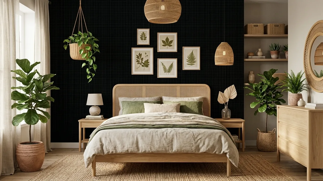 chambre nature bois rotin plantes decoration tendance
