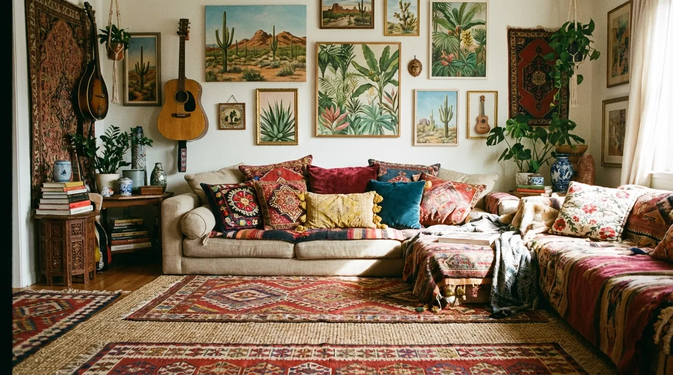 Comment réussir une décoration bohème dans son salon salon deco boheme chic accumulation textiles tapis ethnique plantes lumiere chaude